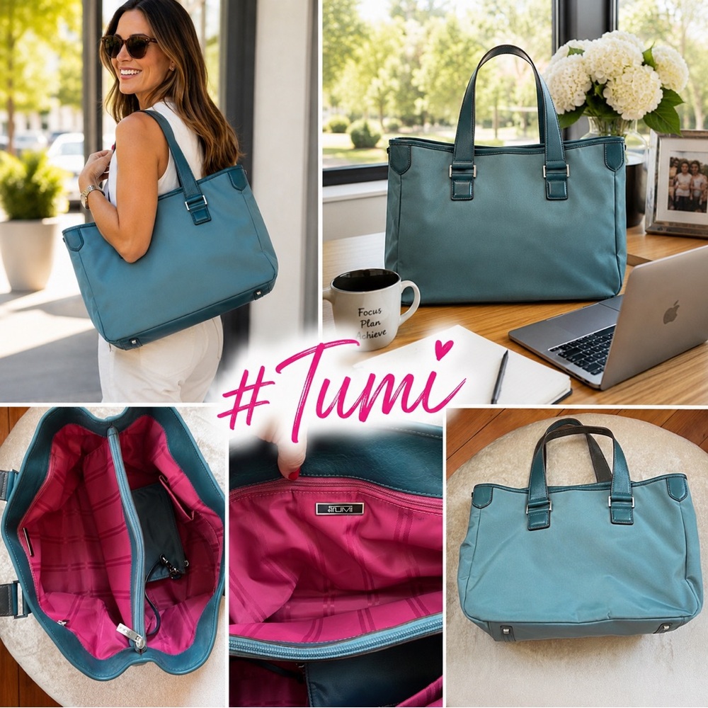 *Tumi* French-Blue Nylon Leather Trim Tote Pink Lining & Pouch